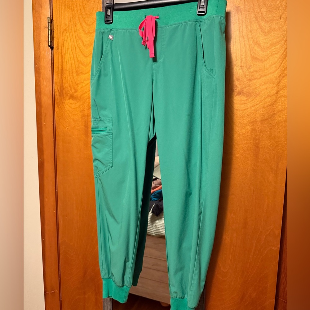 Figs Safety Green Scrub Pants with Pink Accents